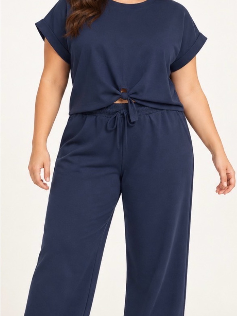 Cider Navy Wide-Leg Lounge Set with Tie-Front Top